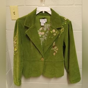 Live a Little Green Cotton Corduroy Button Blazer Jacket - Floral Embroidery, Lg